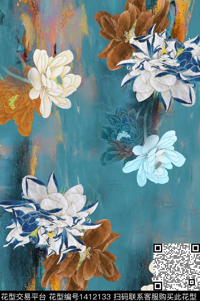 荷花香云纱中国风数码印花华亿平台下载（图片编号: 1412133） - 瓦栏（Walan）