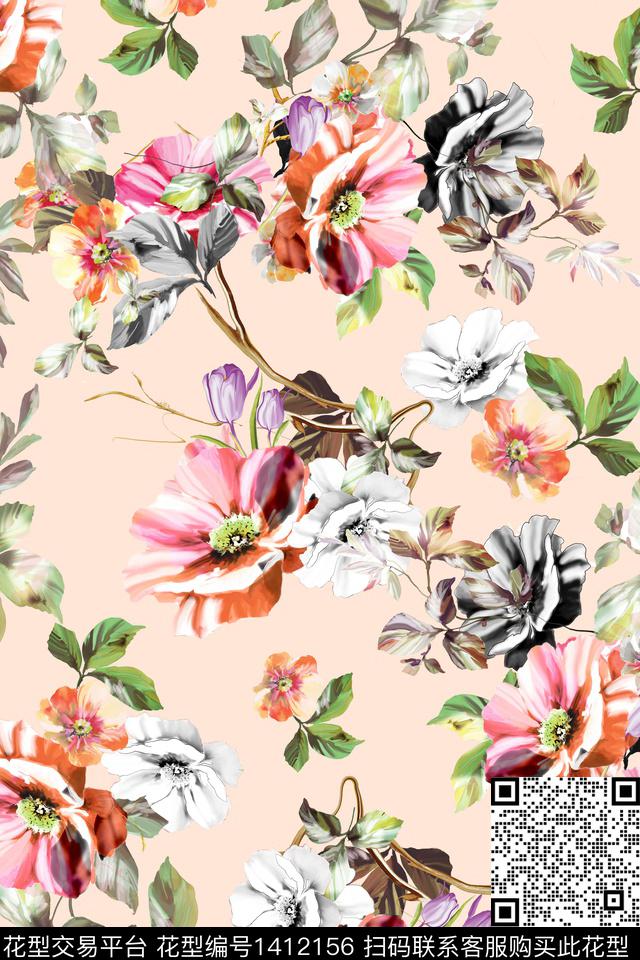 花卉小清新真丝数码印花华亿平台下载（图片编号: 1412156） - 瓦栏（Walan）