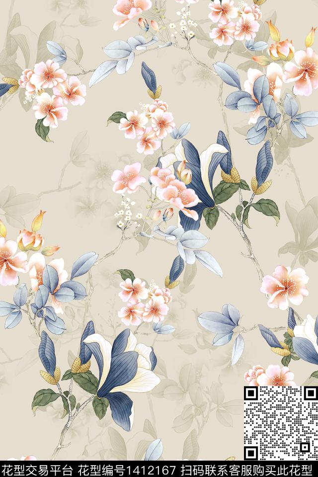 绿植树叶水彩旗袍传统印花华亿平台下载（图片编号: 1412167） - 瓦栏（Walan）