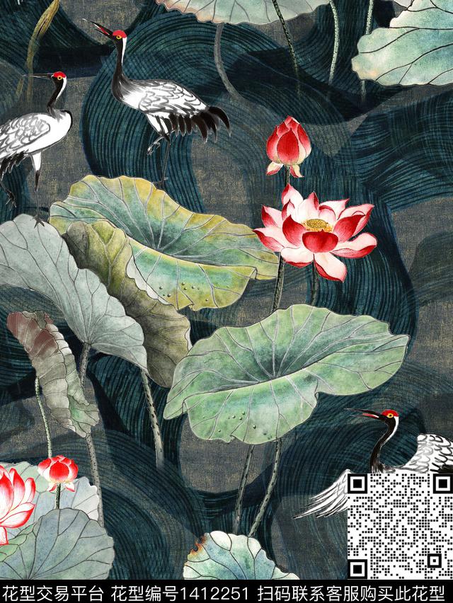 荷花仙鹤中老年数码印花华亿平台下载（图片编号: 1412251） - 瓦栏（Walan）