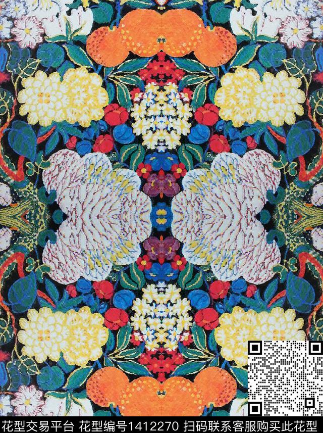 丝巾定位花民族花卉炫彩传统印花华亿平台下载（图片编号: 1412270） - 瓦栏（Walan）