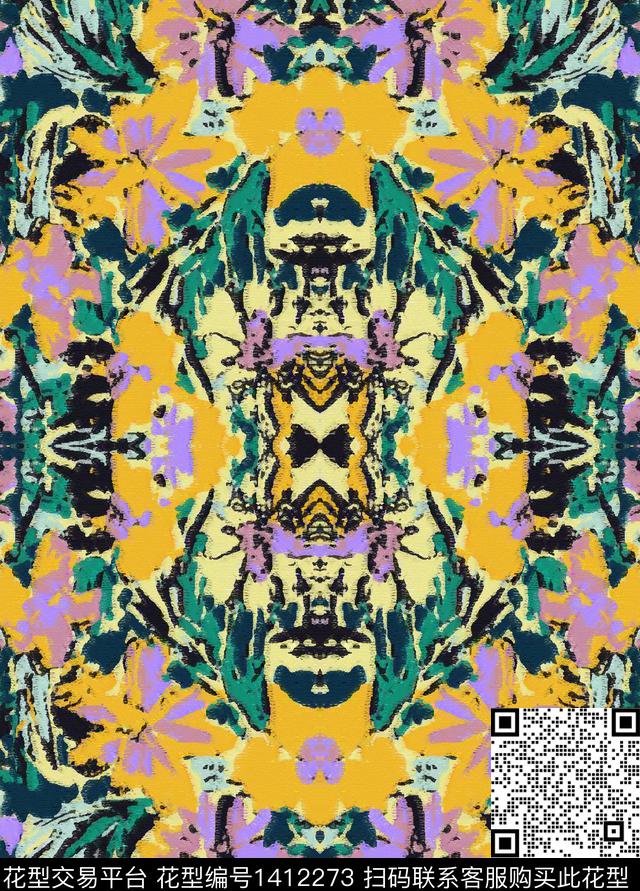 丝巾定位花民族花卉炫彩传统印花华亿平台下载（图片编号: 1412273） - 瓦栏（Walan）