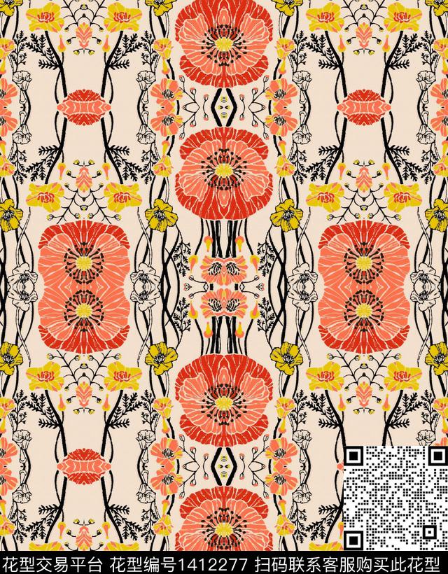 丝巾定位花民族花卉扎染华亿平台传统印花华亿平台下载（图片编号: 1412277） - 瓦栏（Walan）