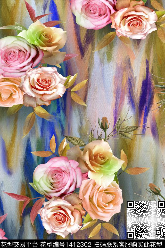 时尚花卉真丝数码印花华亿平台下载（图片编号: 1412302） - 瓦栏（Walan）