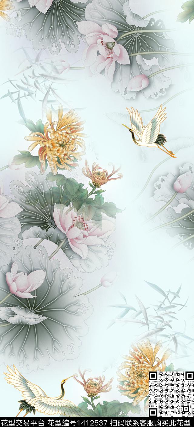 绿植树叶花卉中国风数码印花华亿平台下载（图片编号: 1412537） - 瓦栏（Walan）