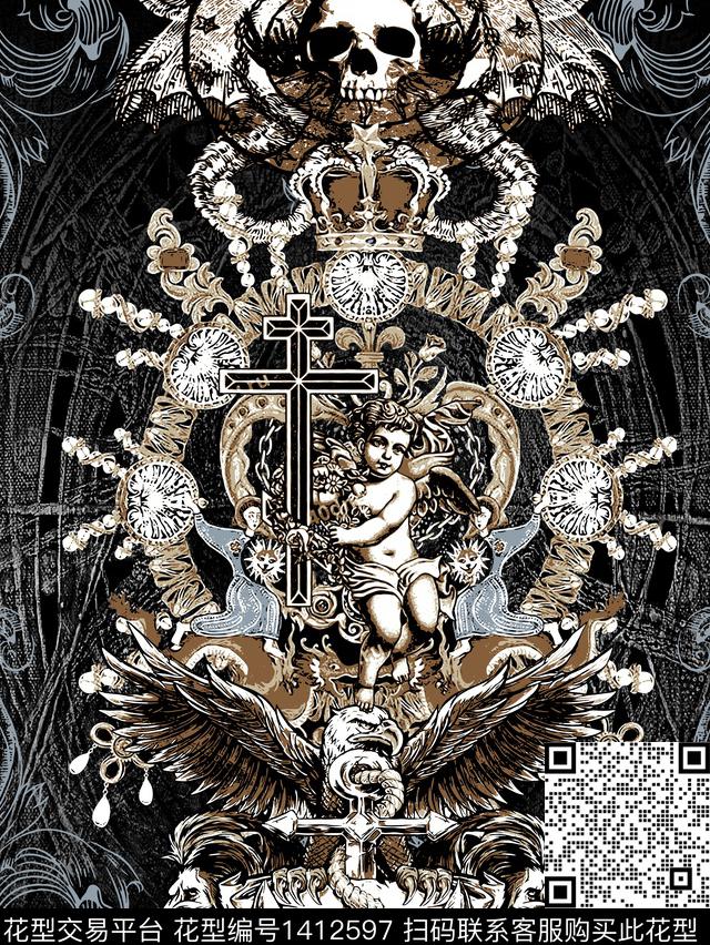复古骷髅老鹰数码印花华亿平台下载（图片编号: 1412597） - 瓦栏（Walan）