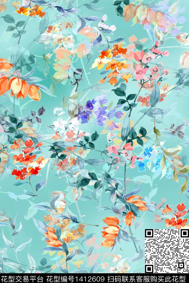 花卉小清新真丝数码印花华亿平台下载（图片编号: 1412609） - 瓦栏（Walan）