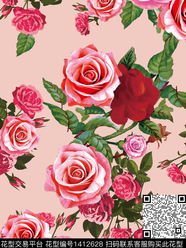 玫瑰花花卉粉红底数码印花华亿平台下载（图片编号: 1412628） - 瓦栏（Walan）