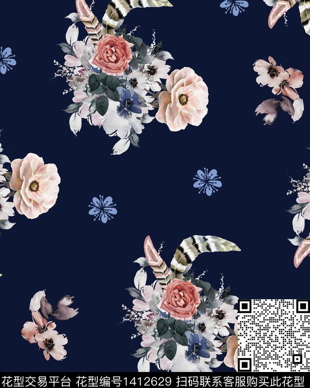 羽毛花卉小碎花数码印花华亿平台下载（图片编号: 1412629） - 瓦栏（Walan）