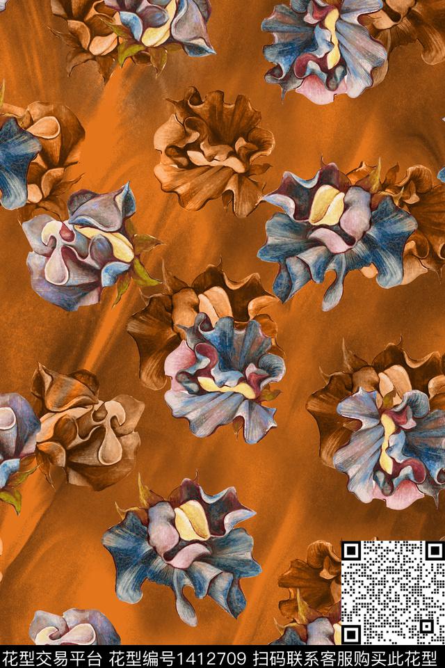 香云纱中国风复古旗袍花数码印花华亿平台下载（图片编号: 1412709） - 瓦栏（Walan）
