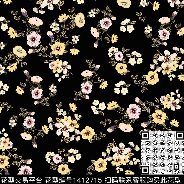 花卉满版散花植物数码印花华亿平台下载（图片编号: 1412715） - 瓦栏（Walan）