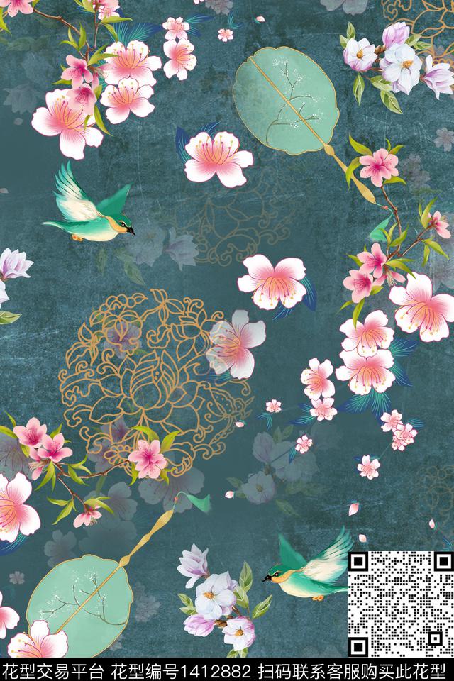 扇子绿植树叶水墨风数码印花华亿平台下载（图片编号: 1412882） - 瓦栏（Walan）