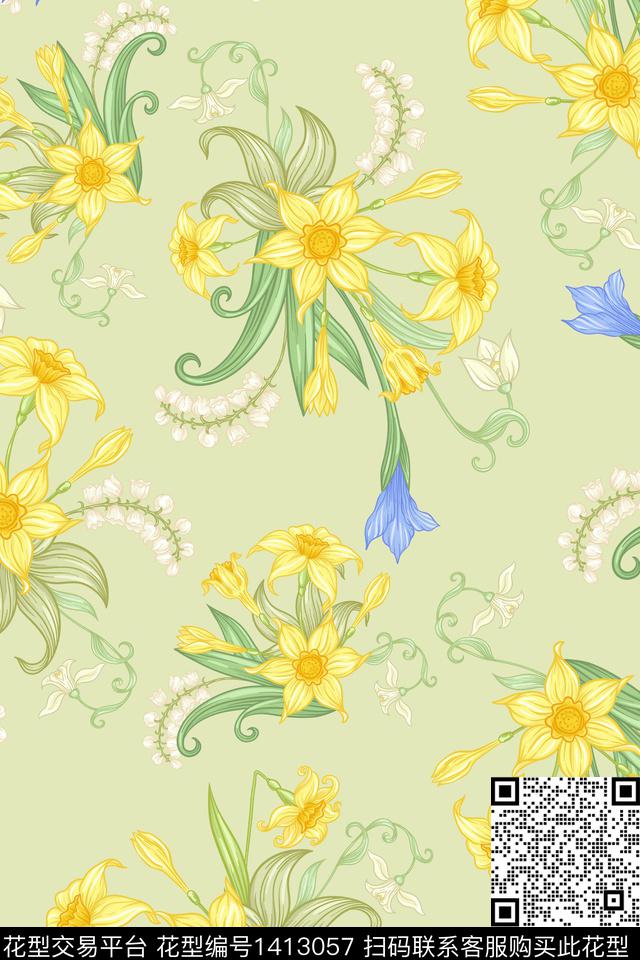 绿植树叶水彩大牌风数码印花华亿平台下载（图片编号: 1413057） - 瓦栏（Walan）