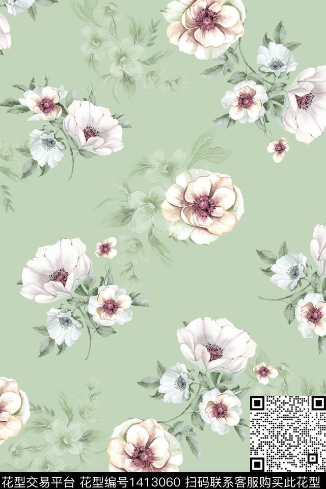 绿植树叶水彩旗袍数码印花华亿平台下载（图片编号: 1413060） - 瓦栏（Walan）