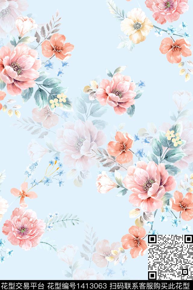 绿植树叶水彩旗袍数码印花华亿平台下载（图片编号: 1413063） - 瓦栏（Walan）