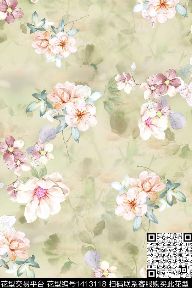 花卉小清新真丝数码印花华亿平台下载（图片编号: 1413118） - 瓦栏（Walan）