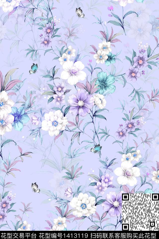 花卉小清新真丝数码印花华亿平台下载（图片编号: 1413119） - 瓦栏（Walan）