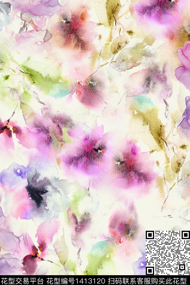 花卉小清新真丝数码印花华亿平台下载（图片编号: 1413120） - 瓦栏（Walan）