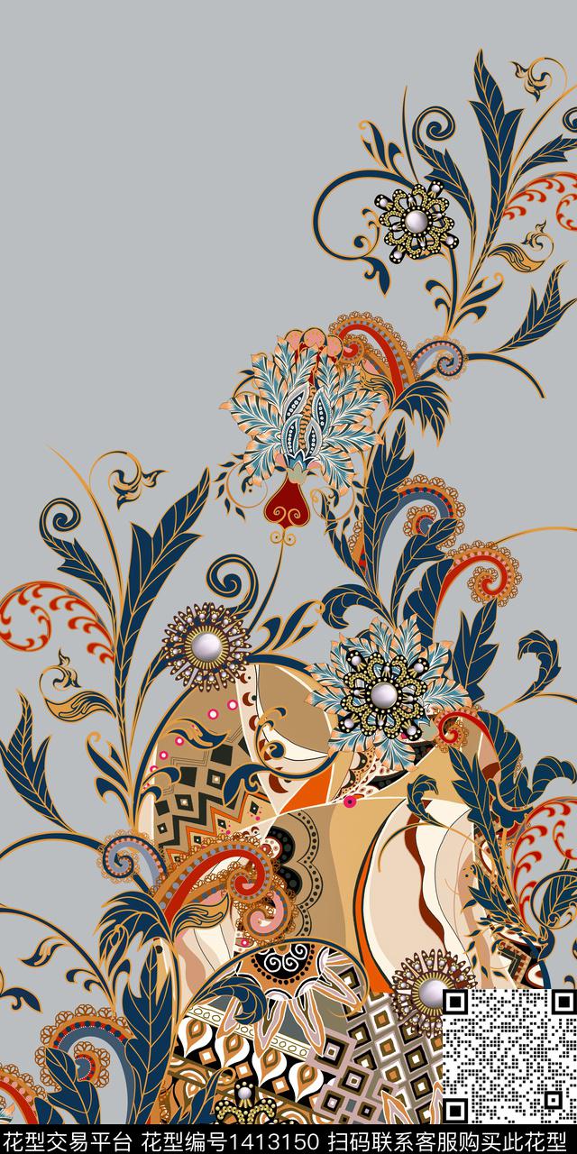 格子民族风定位花数码印花华亿平台下载（图片编号: 1413150） - 瓦栏（Walan）