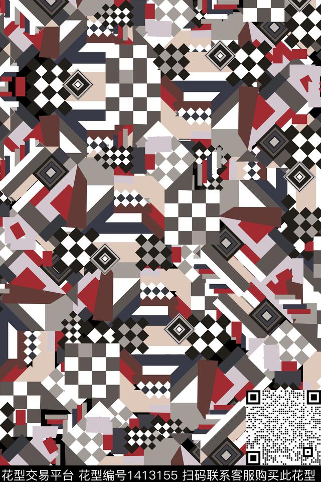 几何格子混合拼接数码印花华亿平台下载（图片编号: 1413155） - 瓦栏（Walan）