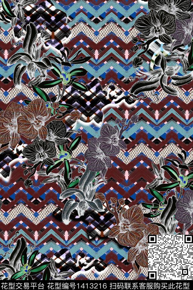 几何混合拼接中老年数码印花华亿平台下载（图片编号: 1413216） - 瓦栏（Walan）