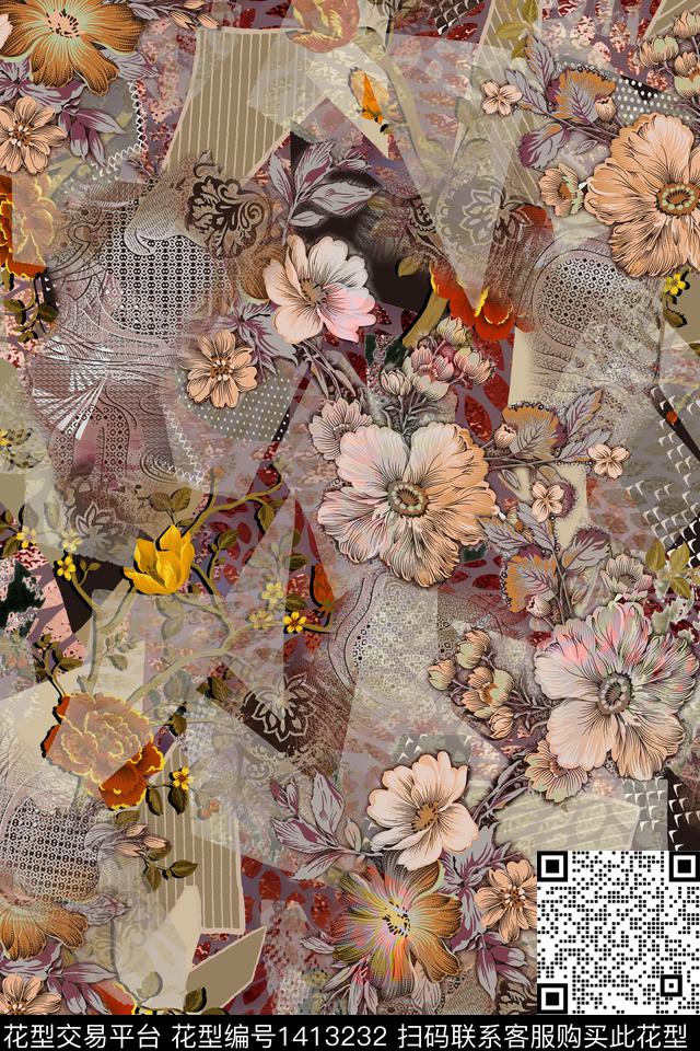 花卉混合拼接中老年数码印花华亿平台下载（图片编号: 1413232） - 瓦栏（Walan）