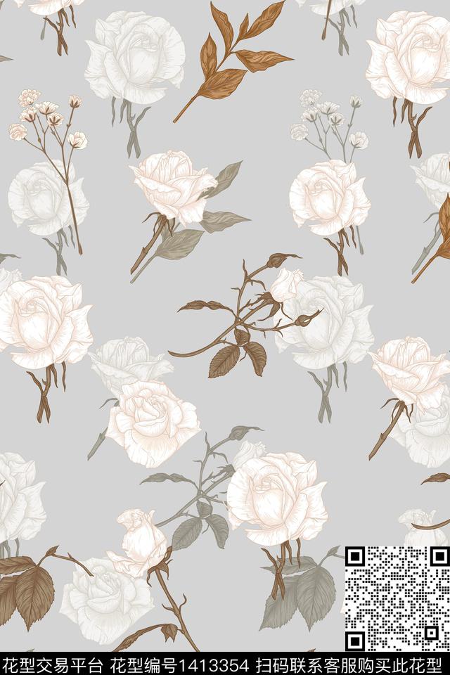 清爽底花卉花卉大牌风数码印花华亿平台下载（图片编号: 1413354） - 瓦栏（Walan）