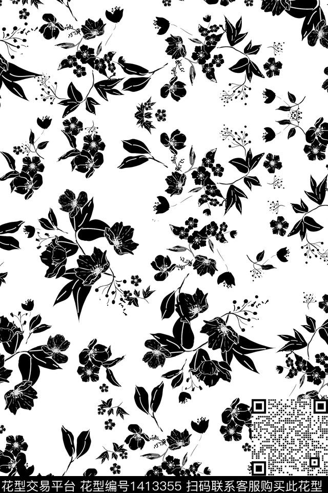 黑白华亿平台花卉大牌风数码印花华亿平台下载（图片编号: 1413355） - 瓦栏（Walan）