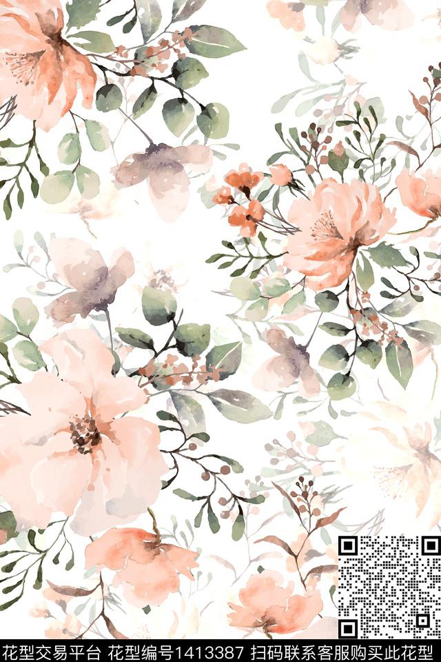 花卉小清新真丝数码印花华亿平台下载（图片编号: 1413387） - 瓦栏（Walan）