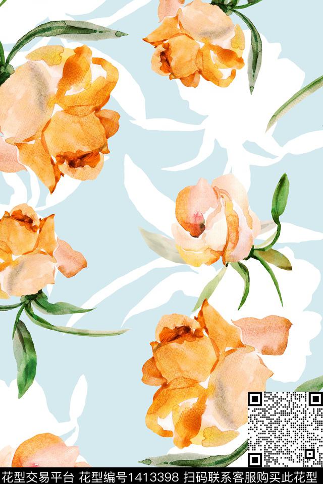 绿植树叶水彩花卉数码印花华亿平台下载（图片编号: 1413398） - 瓦栏（Walan）