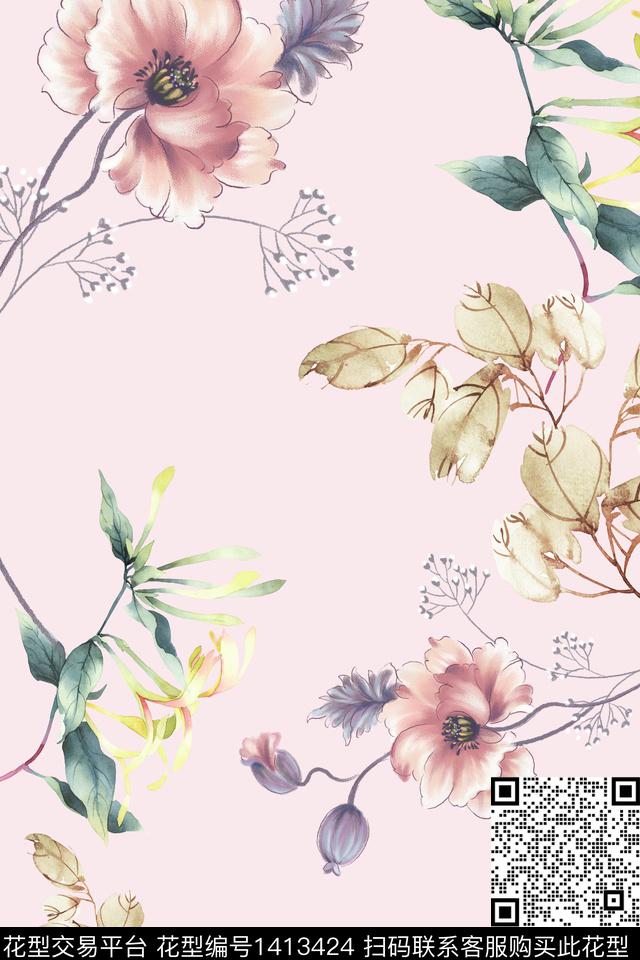 花卉大牌风小清新数码印花华亿平台下载（图片编号: 1413424） - 瓦栏（Walan）