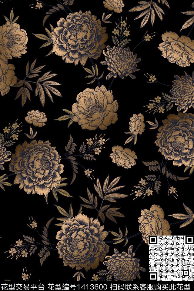 抽象花卉花卉大牌风数码印花华亿平台下载（图片编号: 1413600） - 瓦栏（Walan）