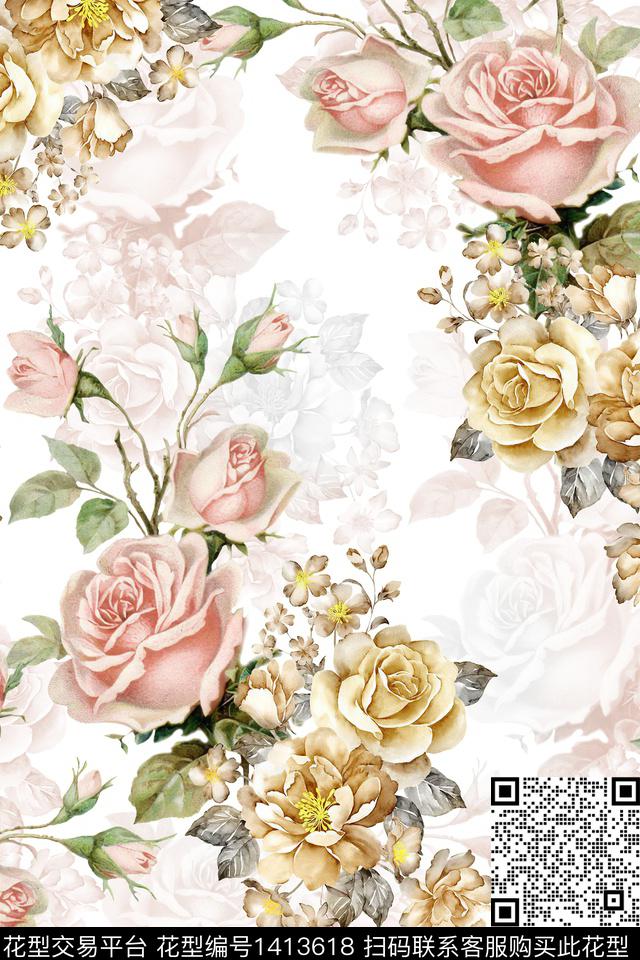 花卉大牌风小清新数码印花华亿平台下载（图片编号: 1413618） - 瓦栏（Walan）