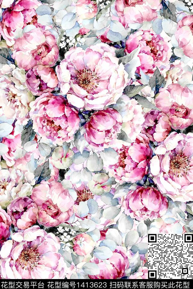 花卉大牌风小清新数码印花华亿平台下载（图片编号: 1413623） - 瓦栏（Walan）