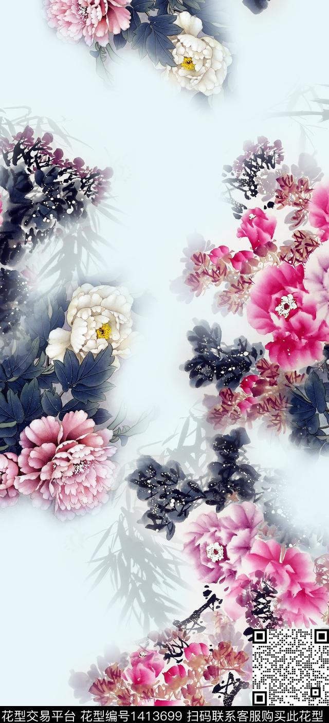 旗袍真丝水墨风数码印花华亿平台下载（图片编号: 1413699） - 瓦栏（Walan）