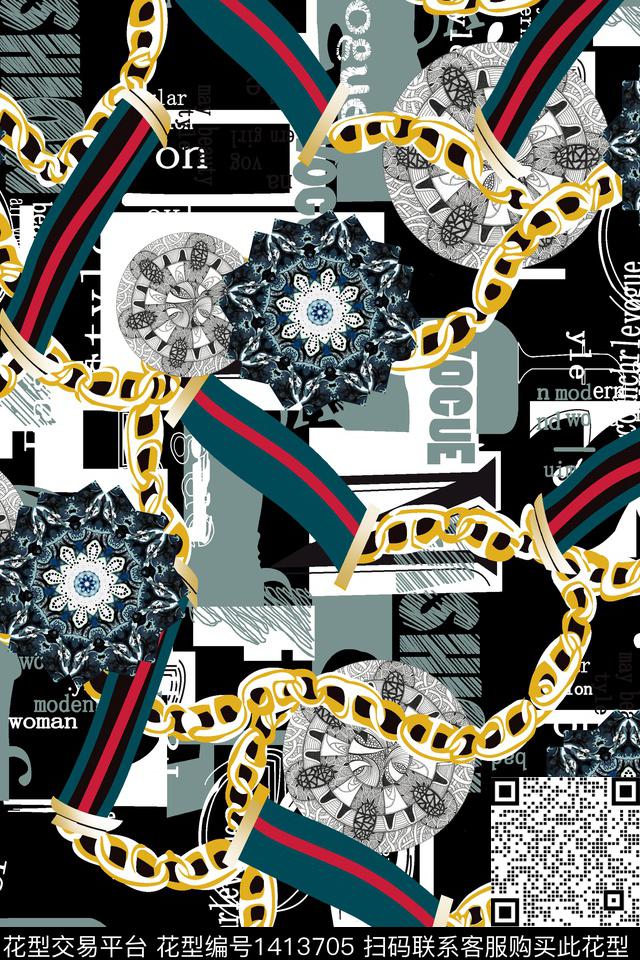 几何链条香云纱数码印花华亿平台下载（图片编号: 1413705） - 瓦栏（Walan）