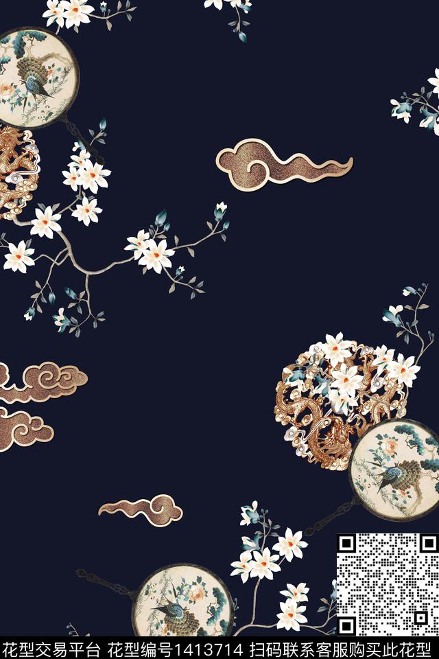 花卉旗袍香云纱数码印花华亿平台下载（图片编号: 1413714） - 瓦栏（Walan）
