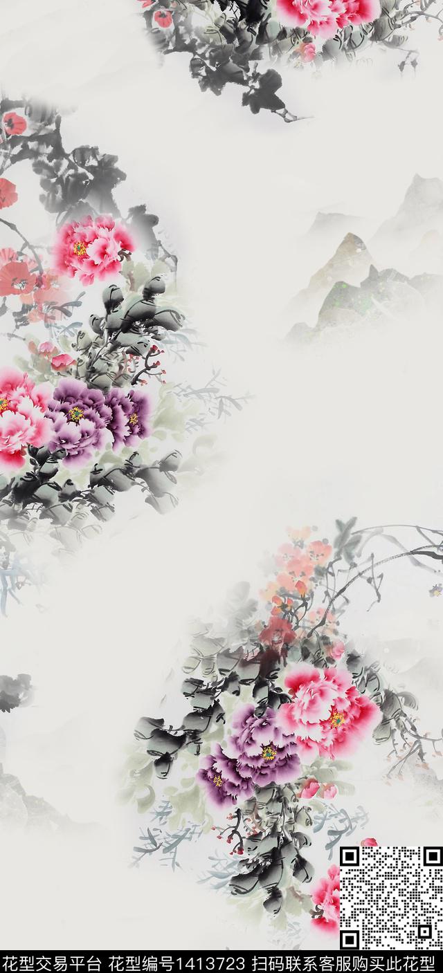 花卉旗袍真丝数码印花华亿平台下载（图片编号: 1413723） - 瓦栏（Walan）