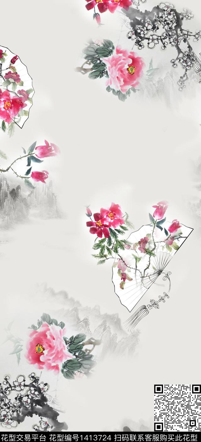 花卉旗袍真丝数码印花华亿平台下载（图片编号: 1413724） - 瓦栏（Walan）