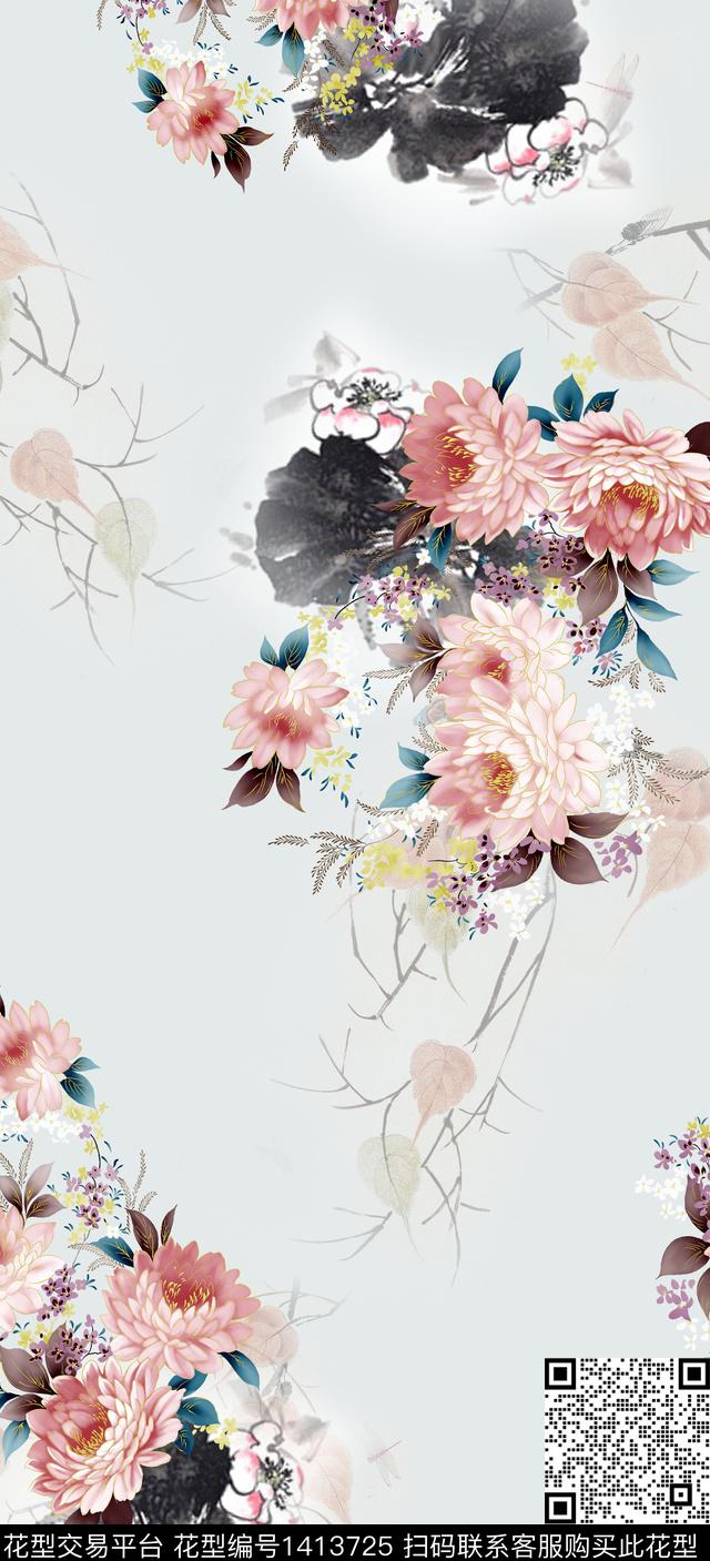 花卉旗袍真丝数码印花华亿平台下载（图片编号: 1413725） - 瓦栏（Walan）