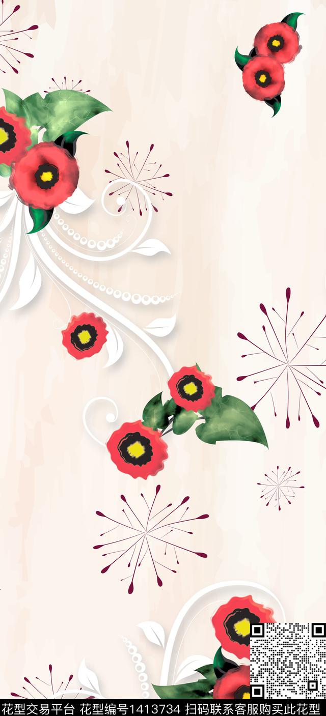 花卉旗袍真丝数码印花华亿平台下载（图片编号: 1413734） - 瓦栏（Walan）