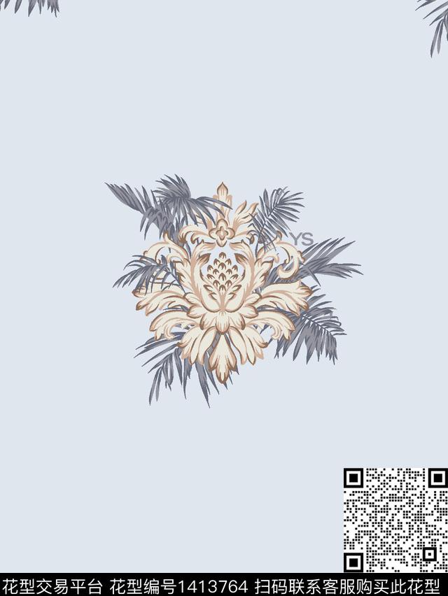 欧式定位花沙发布绿植树叶数码印花华亿平台下载（图片编号: 1413764） - 瓦栏（Walan）