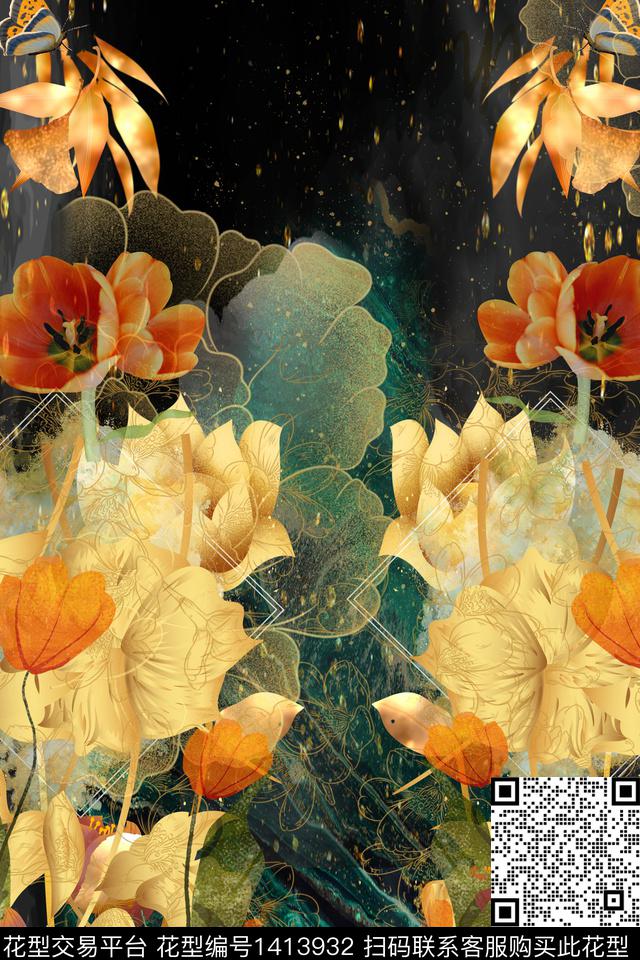 女装定位花花卉植物数码印花华亿平台下载（图片编号: 1413932） - 瓦栏（Walan）