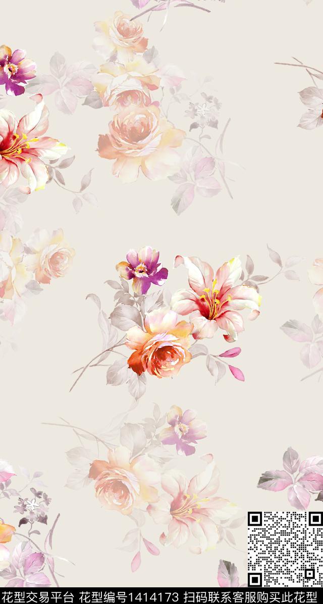 花卉小清新真丝数码印花华亿平台下载（图片编号: 1414173） - 瓦栏（Walan）