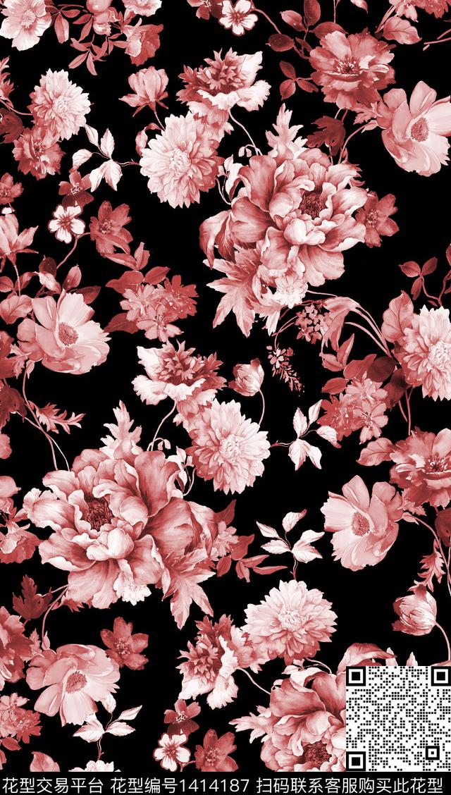 花卉大牌风真丝数码印花华亿平台下载（图片编号: 1414187） - 瓦栏（Walan）