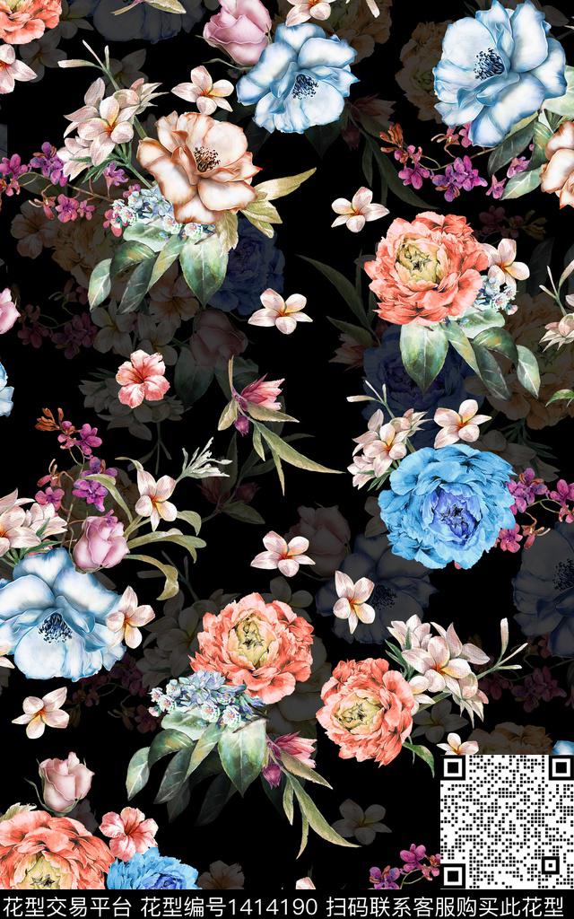 花卉大牌风真丝数码印花华亿平台下载（图片编号: 1414190） - 瓦栏（Walan）