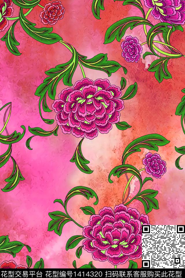 数码华亿平台复古花卉数码印花华亿平台下载（图片编号: 1414320） - 瓦栏（Walan）