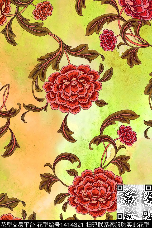 数码华亿平台复古花卉数码印花华亿平台下载（图片编号: 1414321） - 瓦栏（Walan）