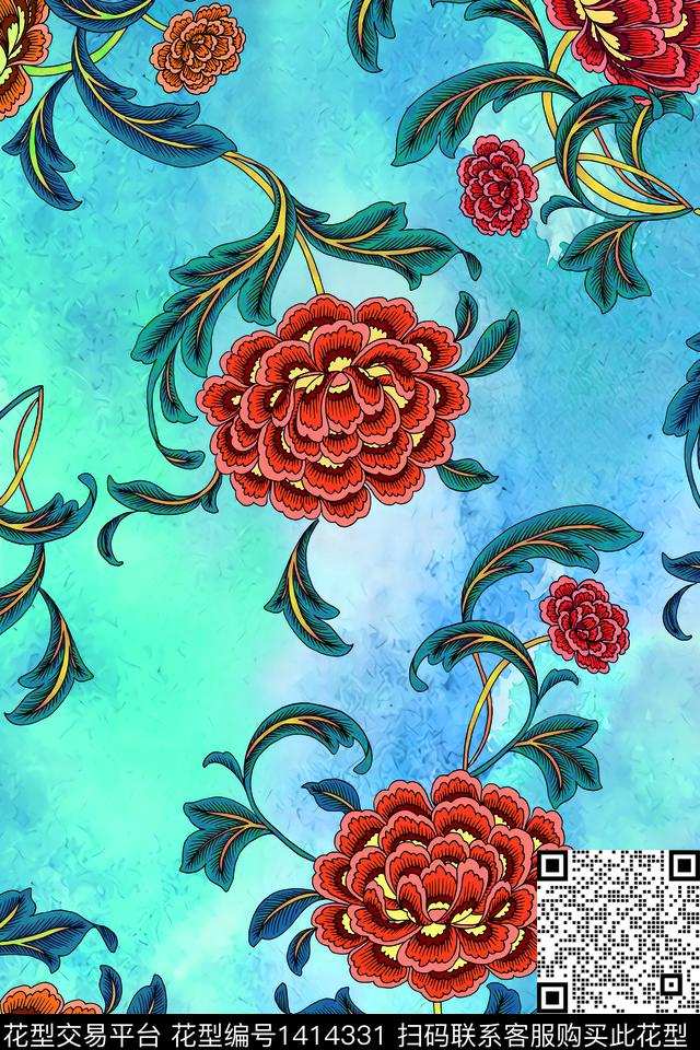 数码华亿平台复古花卉数码印花华亿平台下载（图片编号: 1414331） - 瓦栏（Walan）