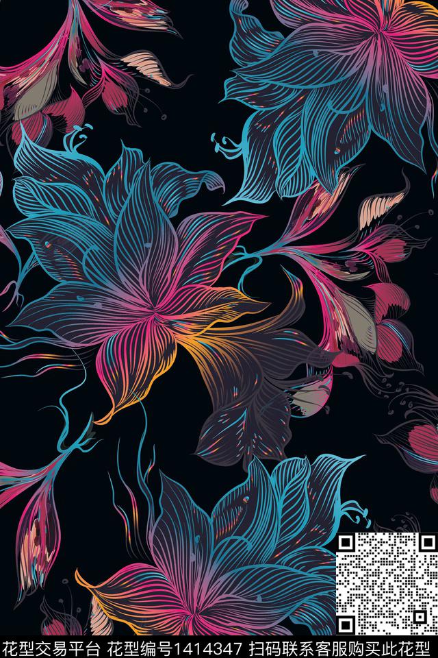 线条几何大牌风数码印花华亿平台下载（图片编号: 1414347） - 瓦栏（Walan）